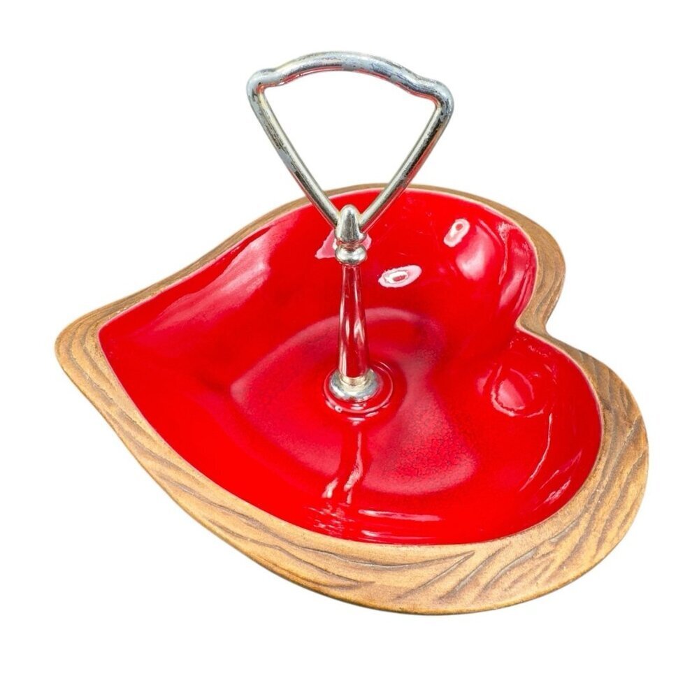 Vintage Treasure Craft Red Heart‎ Trivet Tray Dish With Metal Handle Pottery USA